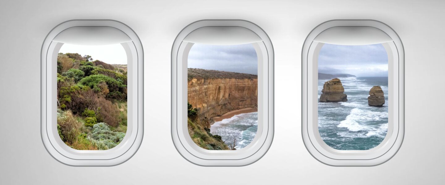 Great Ocean Road gezien door 3 vliegtuigramen