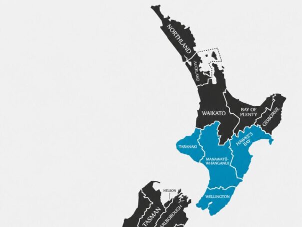 Kaart met zuidelijke deel van het Noordereiland van Nieuw-Zeeland