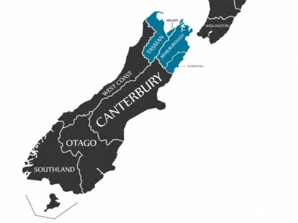 Kaart met het noordelijke deel van het Zuidereiland van Nieuw-Zeeland