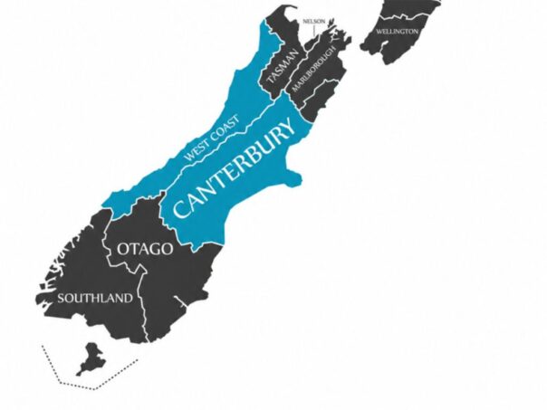 Kaart van het centrale deel van het Zuidereiland in Nieuw-Zeeland