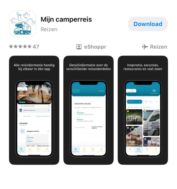 Screenshot van de app store om de app Mijn Camperreis te downloaden