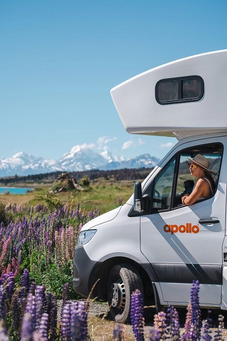 Apollo Euro Deluxe staat geparkeerd bij lupines op het Zuidereiland, vrouw kijkt naar buiten