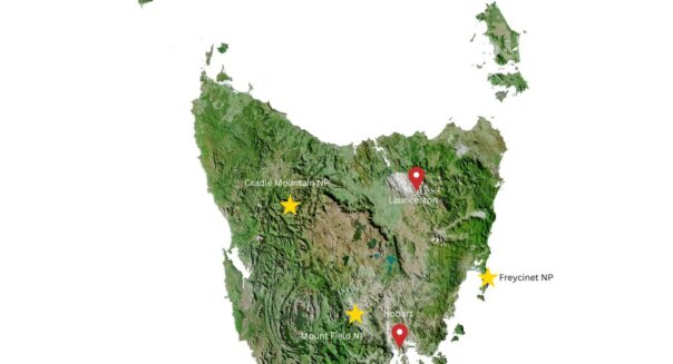 Kaart Tasmania hoogtepunten